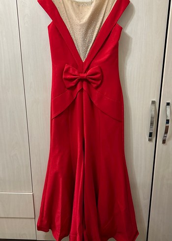 Kırmızı Uzun Drapeli Kadın Abiye Elbise - Görsel 3