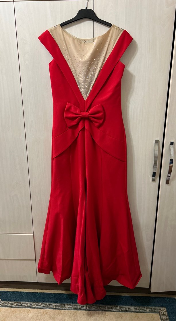 Kırmızı Uzun Drapeli Kadın Abiye Elbise - Görsel 3