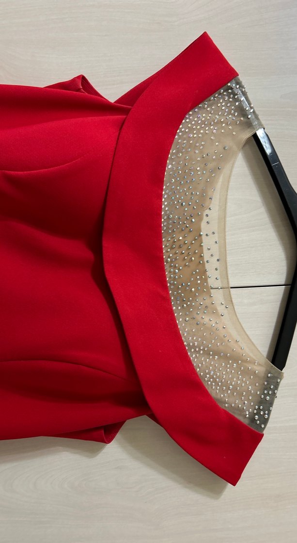 Kırmızı Uzun Drapeli Kadın Abiye Elbise - Görsel 2