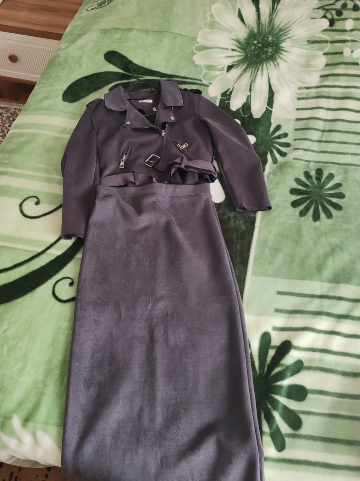 Gri Süet Kemerli Biker Deri Ceket Uzun Etek takım - Görsel 2