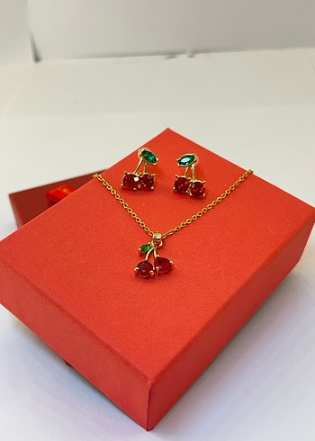 Kırmızı Mini Kirazlı Modern Klasik Kolye Seti - Görsel 2