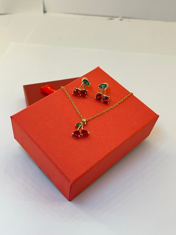 Kırmızı Mini Kirazlı Modern Klasik Kolye Seti - Görsel 3