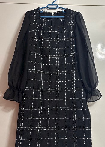 Uzun Kollu Siyah Kareli Midi Elbise - Görsel 2