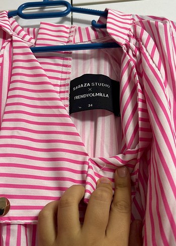 Pembe Çizgili Kadın Uzun Kollu şortlu elbise - Görsel 2