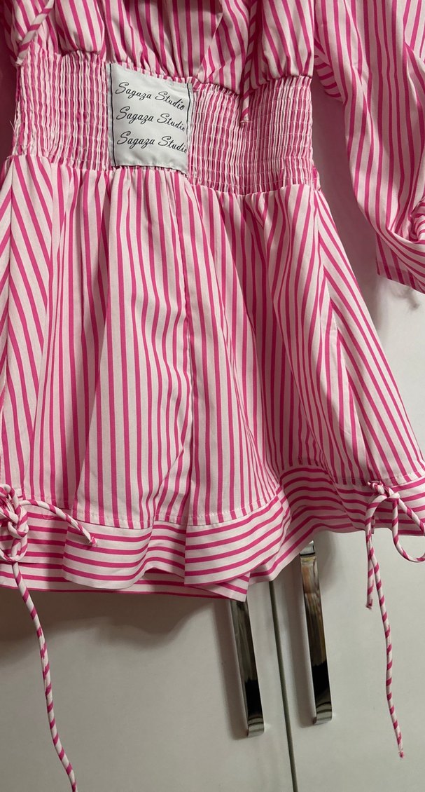 Pembe Çizgili Kadın Uzun Kollu şortlu elbise - Görsel 3