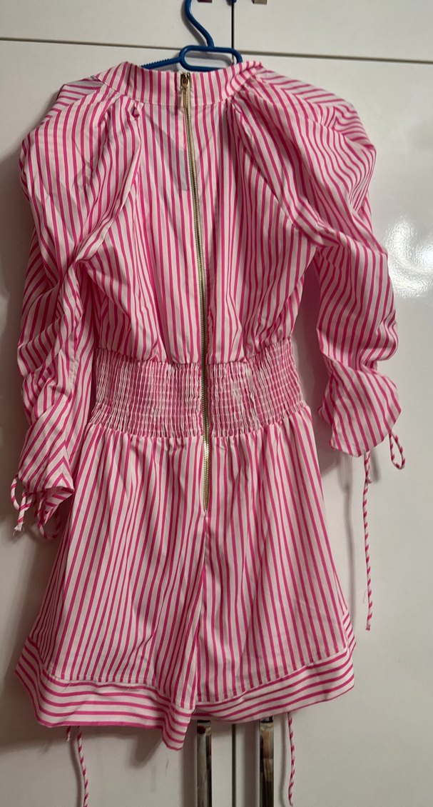Pembe Çizgili Kadın Uzun Kollu şortlu elbise - Görsel 4