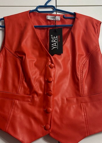 Düğmeli turuncu Mini Deri Yelek - Görsel 2