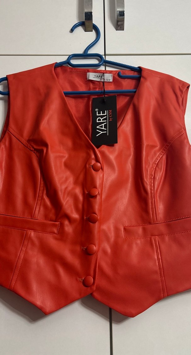 Düğmeli turuncu Mini Deri Yelek - Görsel 2