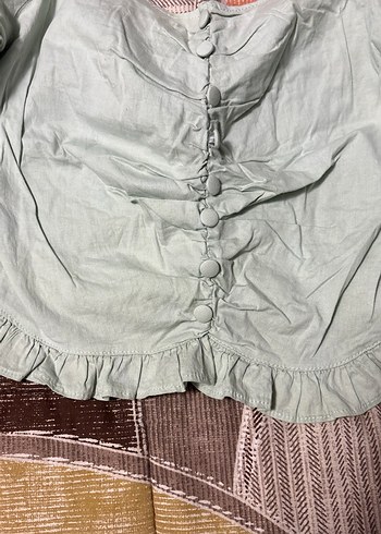 Düğmeli Kısa Kollu Vintage Yeşil Bluz - Görsel 2