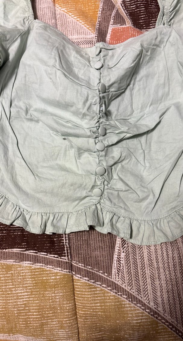 Düğmeli Kısa Kollu Vintage Yeşil Bluz - Görsel 2