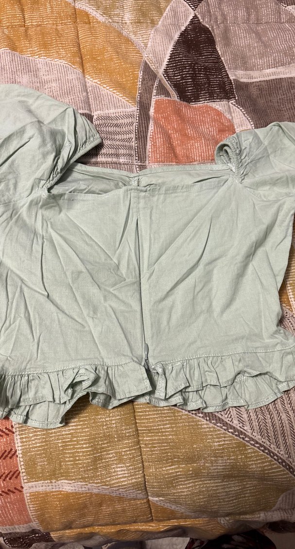 Düğmeli Kısa Kollu Vintage Yeşil Bluz - Görsel 4