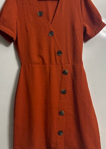 Düğmeli Kısa Kollu Midi Kahverengi Elbise - Görsel 2