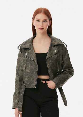 Gri Kemerli Kadın Deri Biker Ceket - Görsel 2