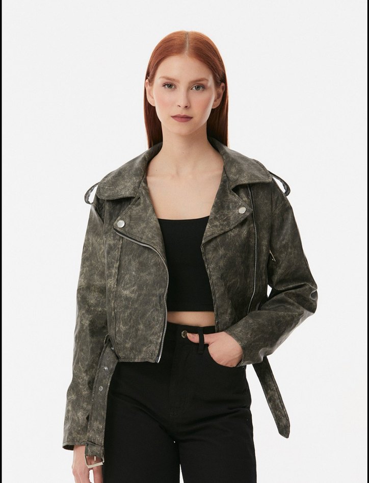 Gri Kemerli Kadın Deri Biker Ceket - Görsel 2