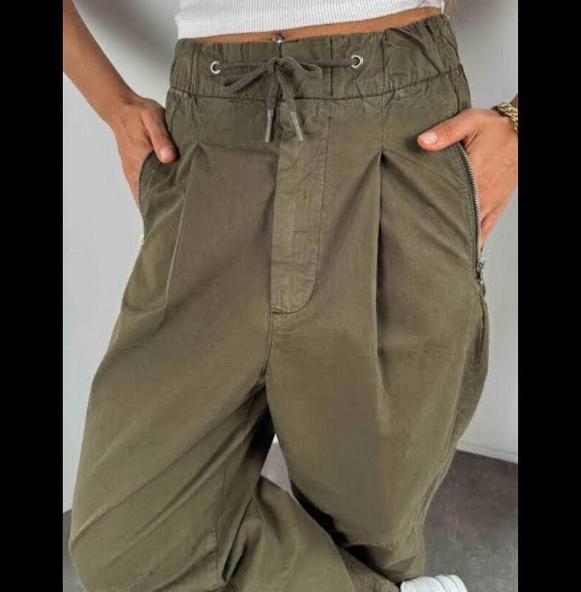 kanvas kumaş fermuarlı tasarım kadın pantolunu - Görsel 2