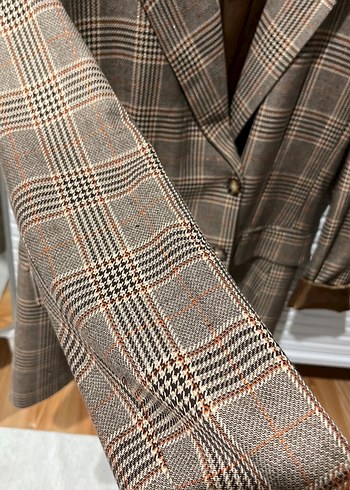 Düğmeli Kahverengi Kareli Kadın Blazer - Görsel 2