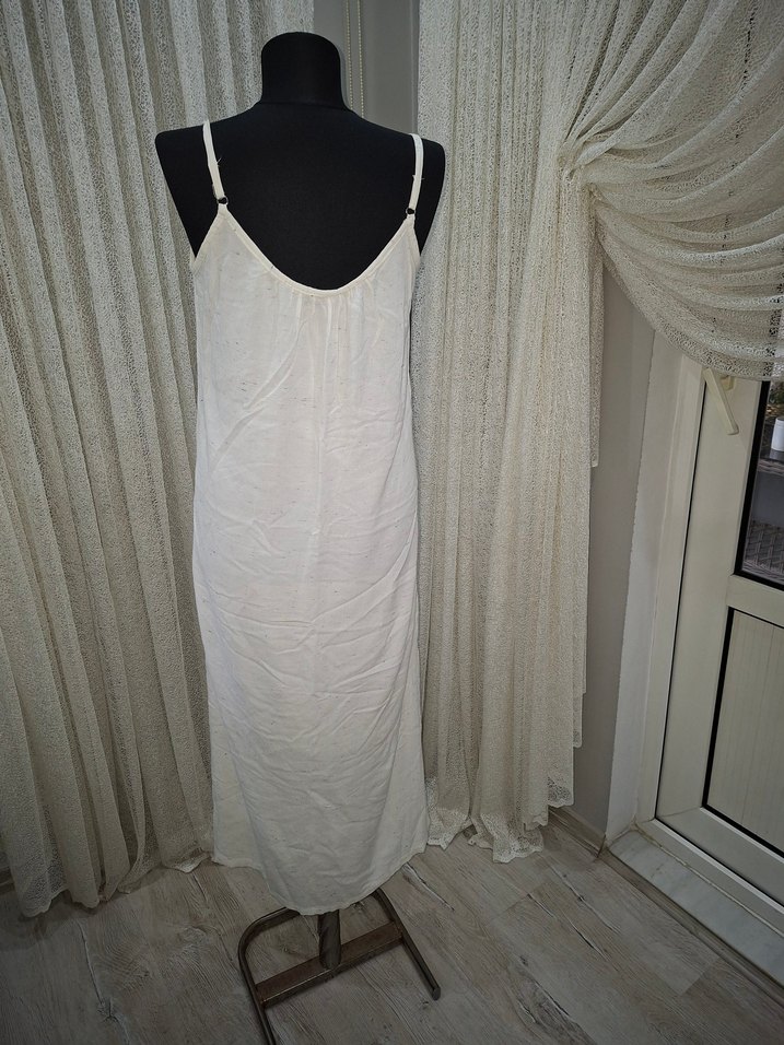 Beyaz Keten Uzun Askılı Elbise - Görsel 3