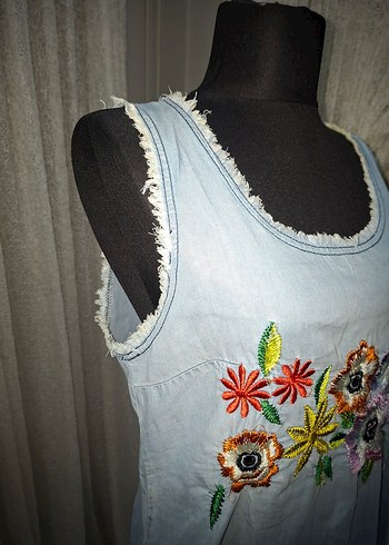 Nakışlı Bohem Uzun Mavi Elbise - Görsel 2