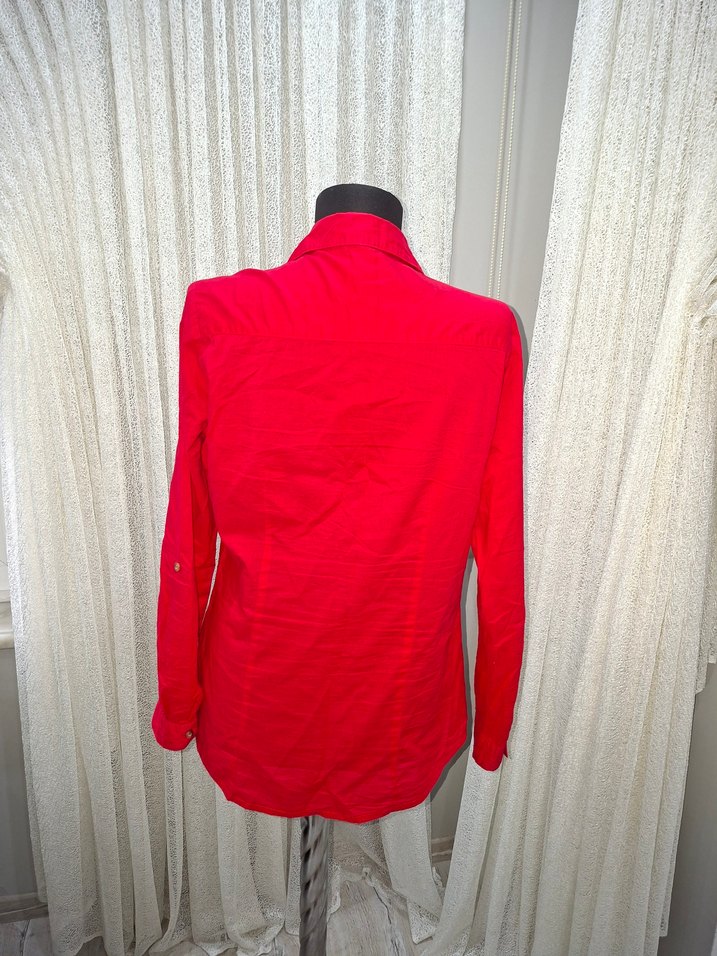 Düğmeli Kırmızı Uzun Kollu Kadın Gömlek - Görsel 2