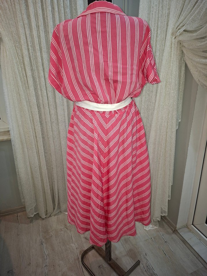 Pembe Çizgili Uzun Salaş Bohem Elbise - Görsel 3