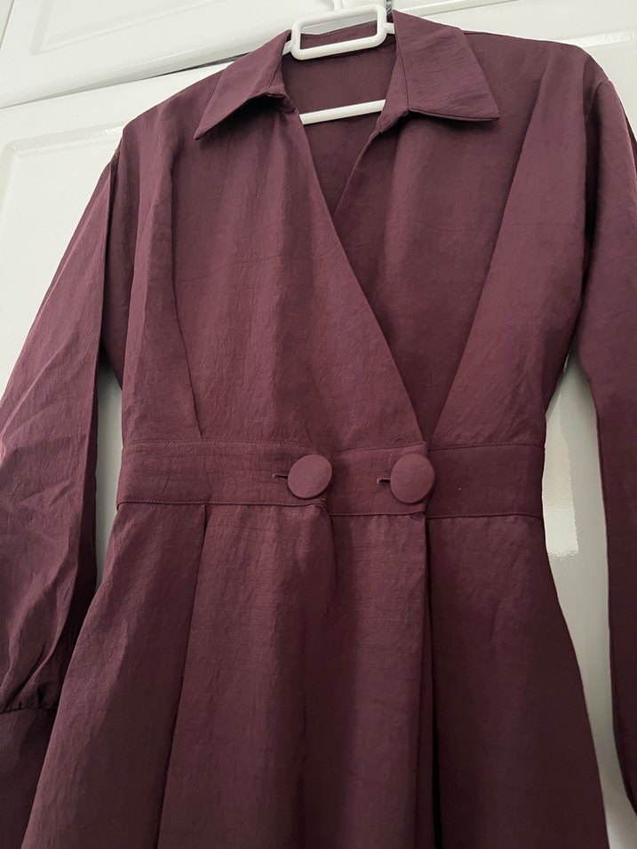 Bordo Kadın Düğmeli Uzun Elbise - Görsel 2