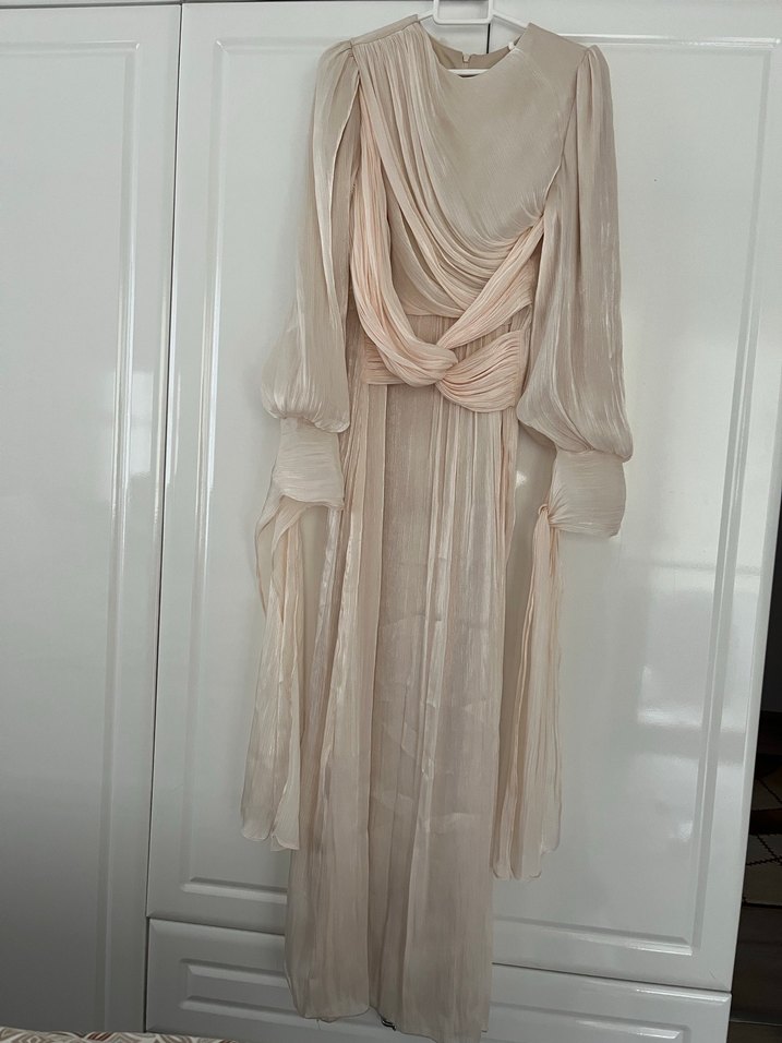 Bej Drapeli Uzun Abiye Elbise - Görsel 2