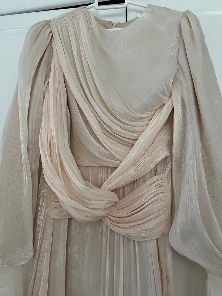 Bej Drapeli Uzun Abiye Elbise - Görsel 3