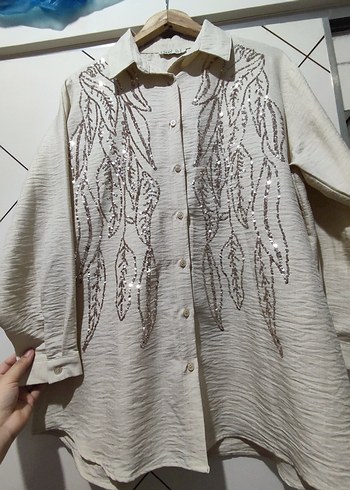 Bej Nakışlı Uzun Kollu Keten Gömlek - Görsel 2