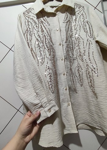 Bej Nakışlı Uzun Kollu Keten Gömlek - Görsel 3