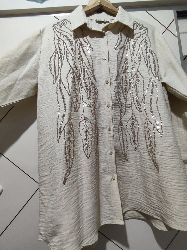 Bej Nakışlı Uzun Kollu Keten Gömlek - Görsel 4