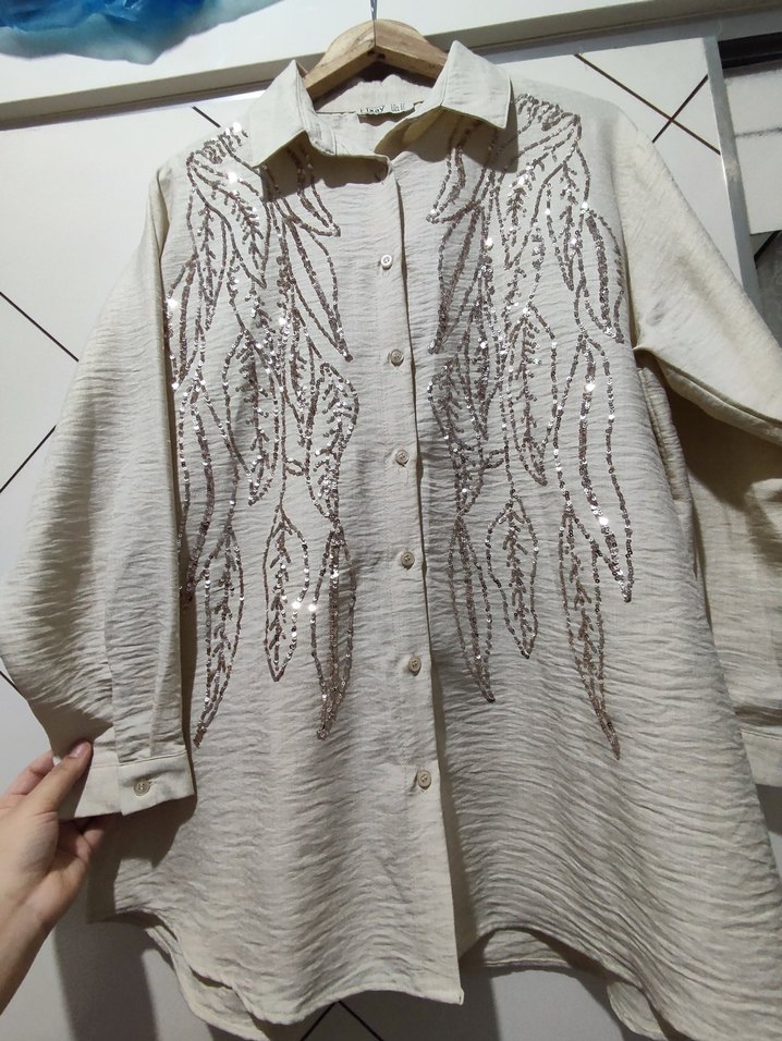 Bej Nakışlı Uzun Kollu Keten Gömlek - Görsel 2