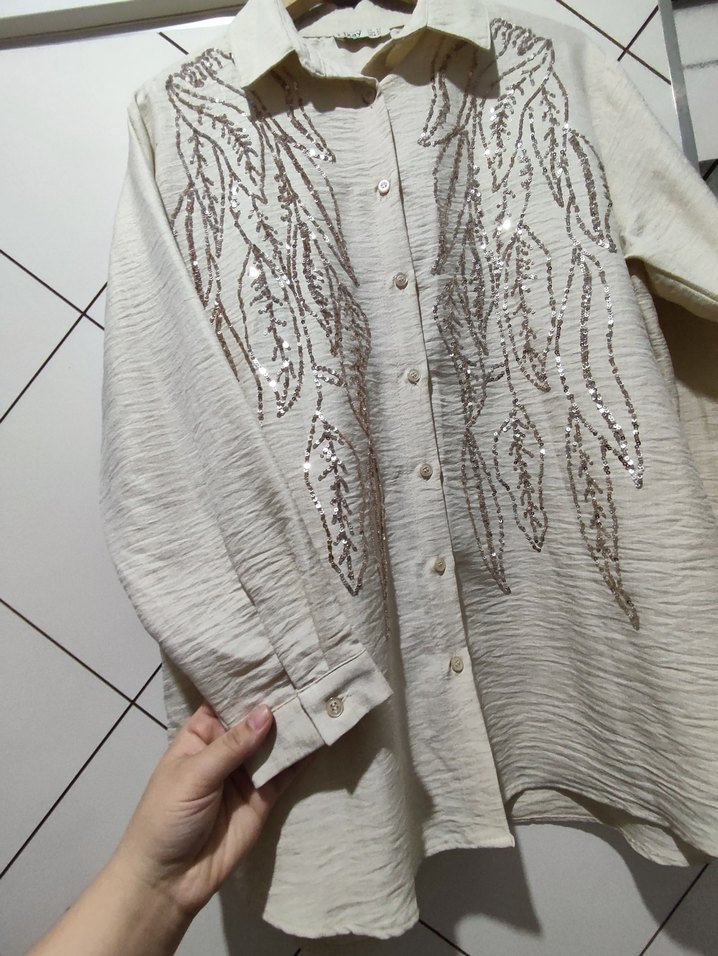 Bej Nakışlı Uzun Kollu Keten Gömlek - Görsel 3