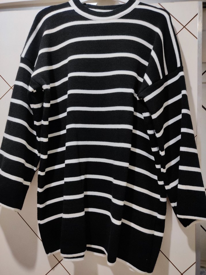 Çizgili Siyah Kadın Triko Kazak - Görsel 3