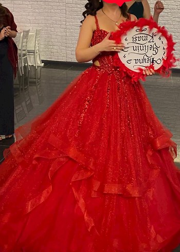 Kırmızı Parlak Payetli Straplez Midi Abiye kınalık - Görsel 3