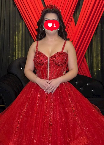 Kırmızı Parlak Payetli Straplez Midi Abiye kınalık - Görsel 2