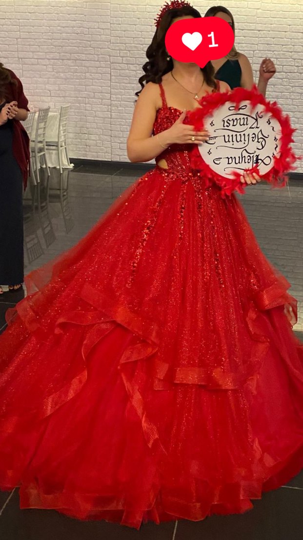 Kırmızı Parlak Payetli Straplez Midi Abiye kınalık - Görsel 3