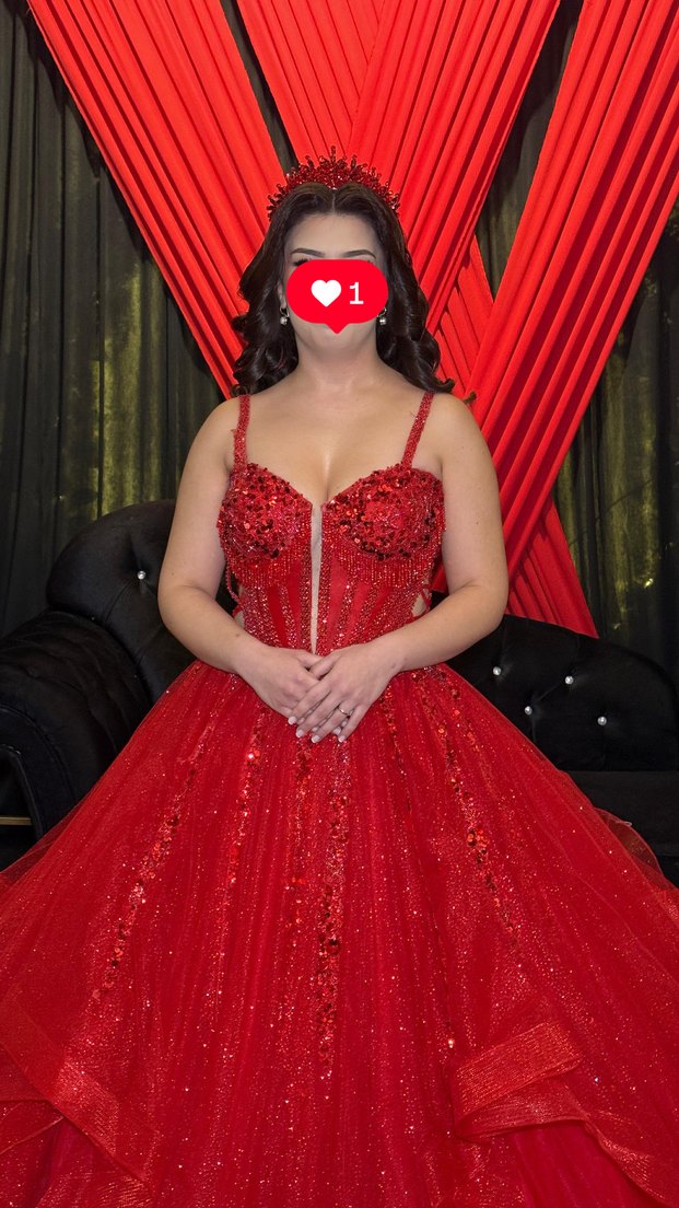 Kırmızı Parlak Payetli Straplez Midi Abiye kınalık - Görsel 2