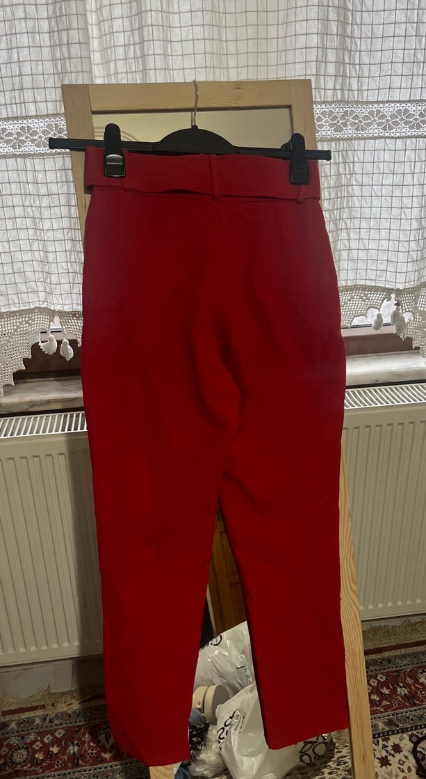 Kemerli Kırmızı Kadın Süet Pantolon - Görsel 4