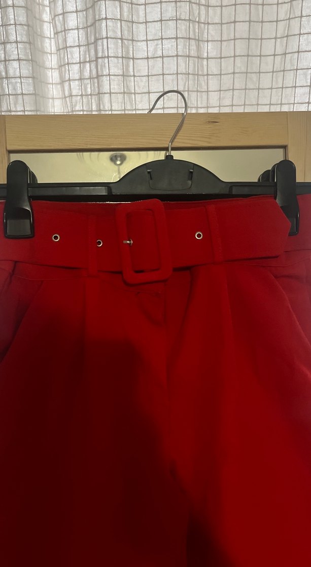 Kemerli Kırmızı Kadın Süet Pantolon - Görsel 2