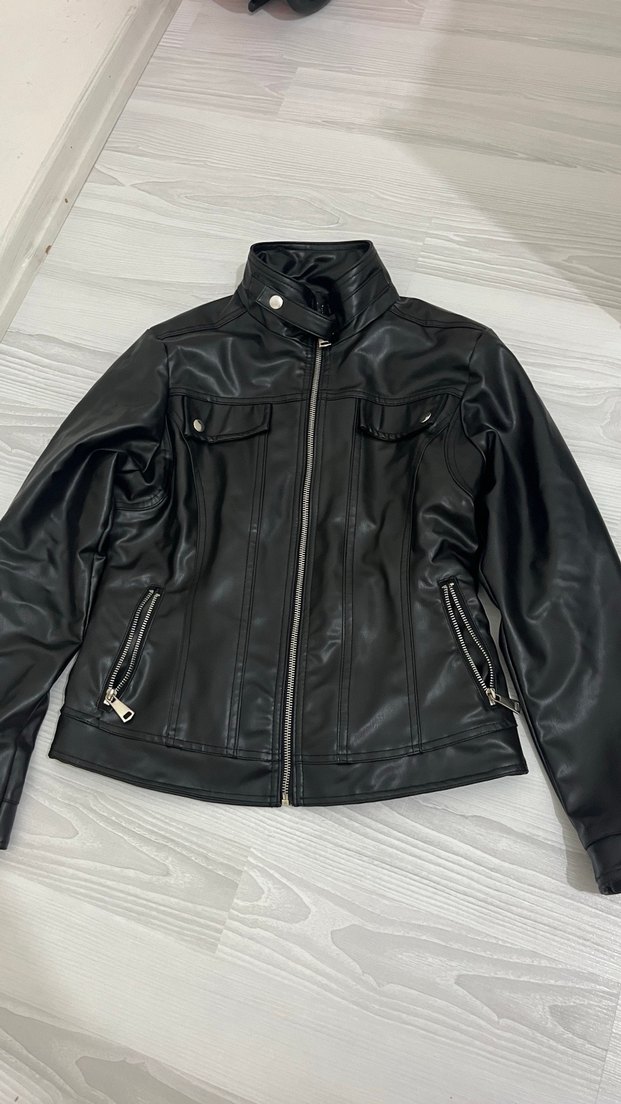 Siyah Kadın Deri Biker Ceket - Görsel 3