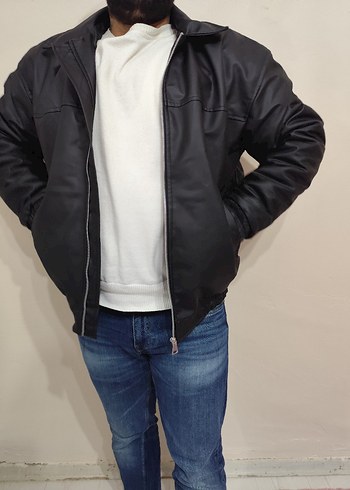 Siyah Deri Fermuarlı Erkek Ceket - Görsel 2