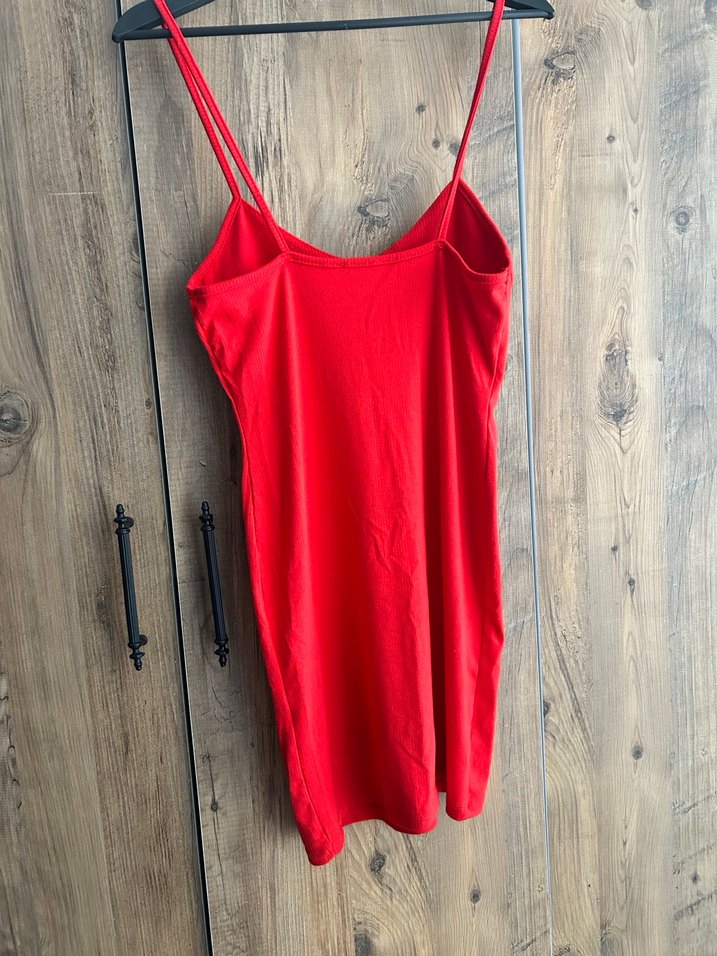 Kırmızı V Yakalı İnce Askılı Triko Elbise - Görsel 2