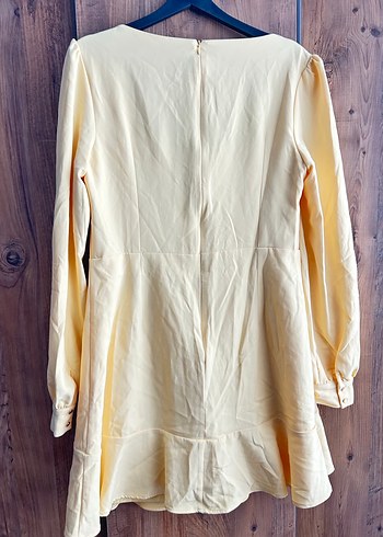 Bej Midi V Yaka Uzun Kollu Keten Elbise - Görsel 4