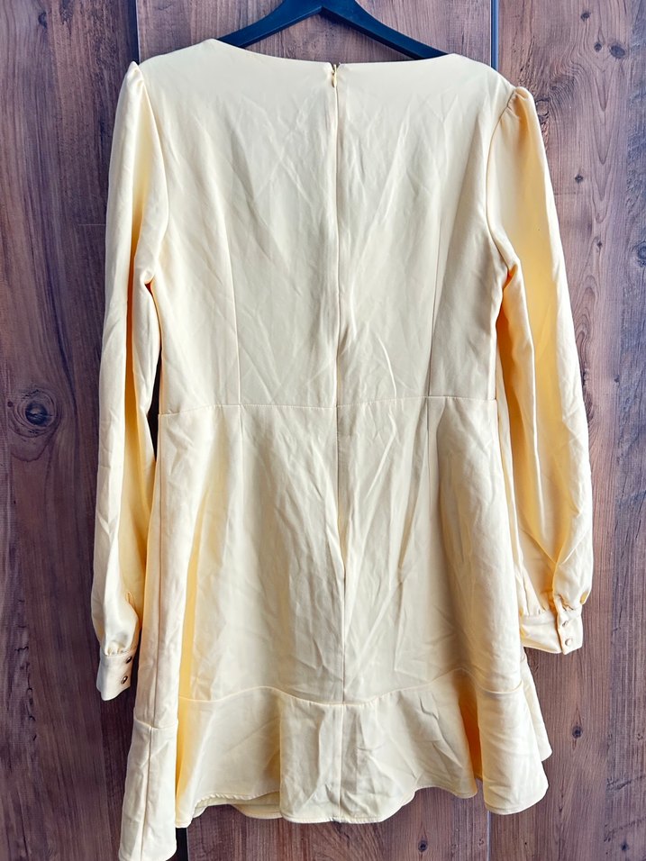 Bej Midi V Yaka Uzun Kollu Keten Elbise - Görsel 4