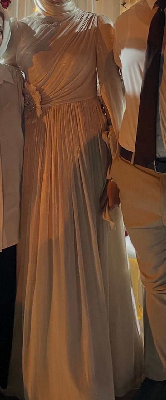 Drapeli Beyaz Uzun Abiye Elbise - Görsel 3