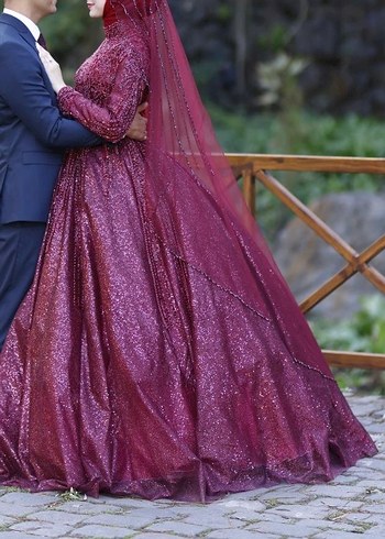 Bordo Boncuk İşlemeli Uzun Kollu Henna Elbise - Görsel 6