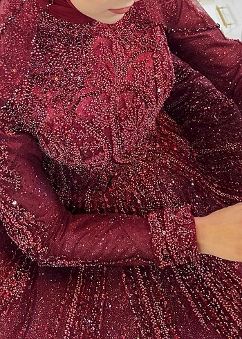 Bordo Boncuk İşlemeli Uzun Kollu Henna Elbise - Görsel 3