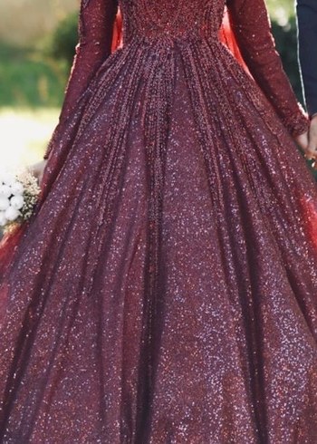 Bordo Boncuk İşlemeli Uzun Kollu Henna Elbise - Görsel 5