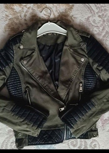 Kahverengi Kamuflaj Desenli Kemerli Deri Biker Ceket - Görsel 2