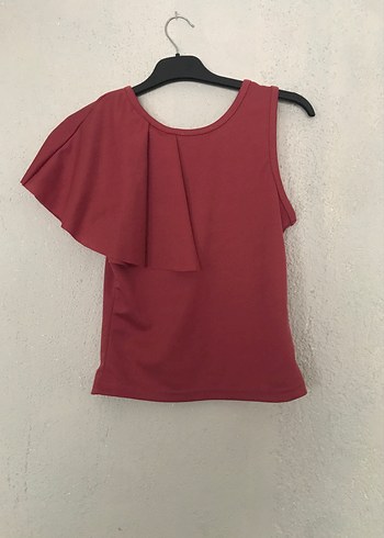 Bordo Drapeli Kolsuz Mini Bluz - Görsel 2